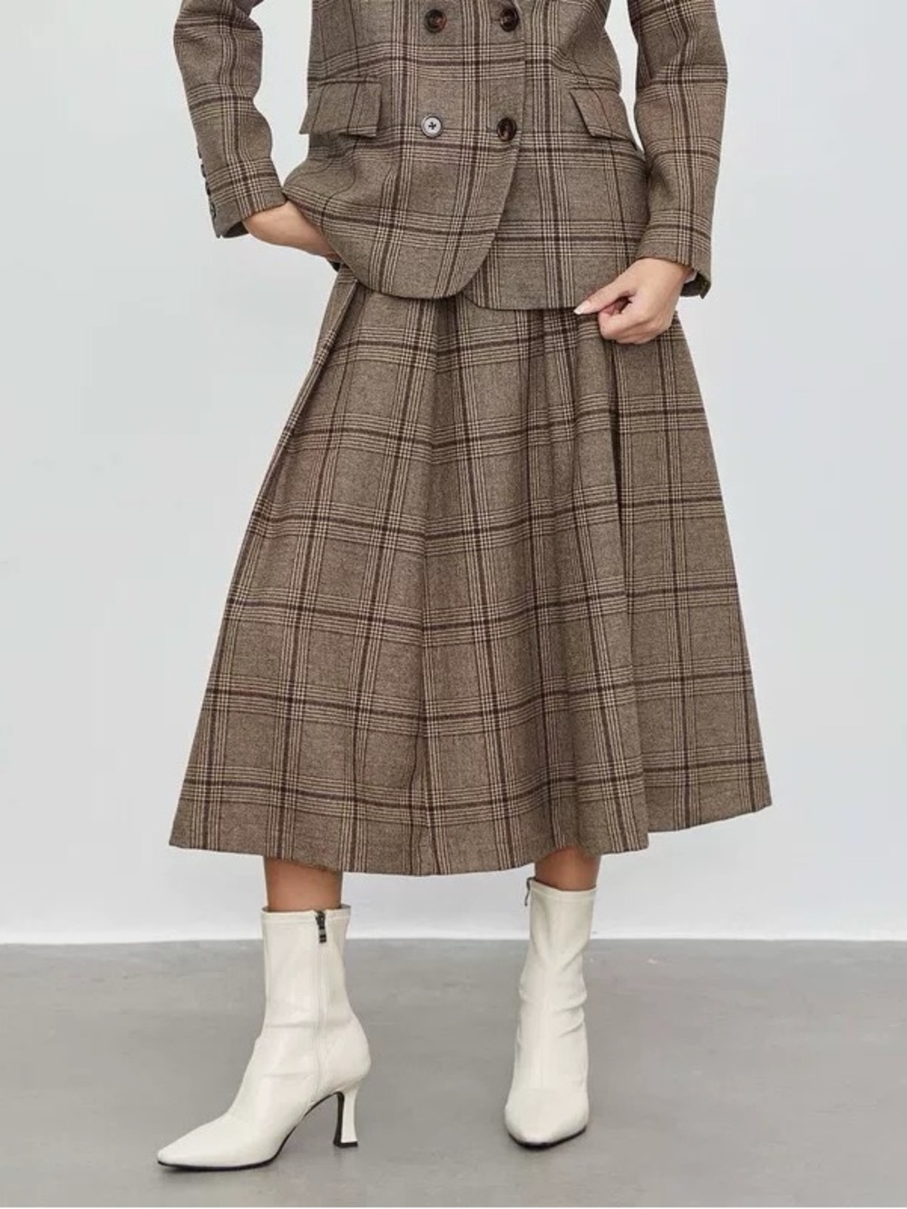 Vintage French Chic Brown Plaid Wool Blend Pleated Midi Skirt
